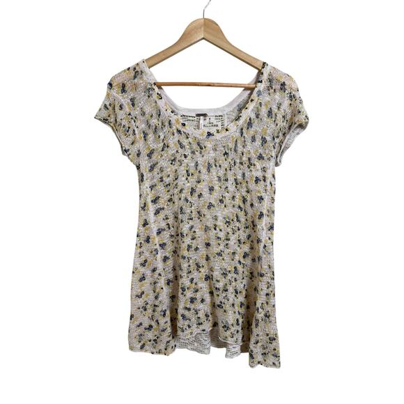 Free People Women's Crochet Floral Print Short Sleeve Boho Pullover Blouse Small - Picture 1 of 6